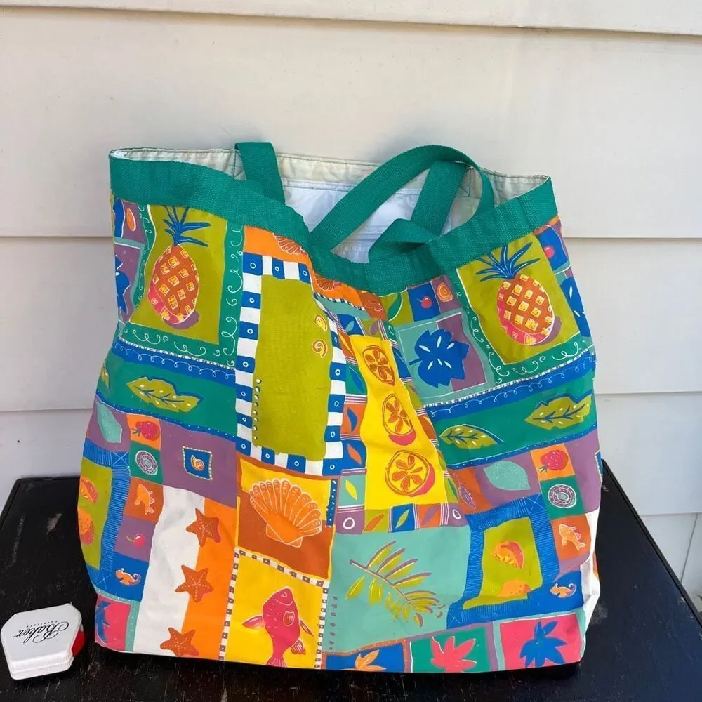 VTG 90s Tropical Vinyl Beach Tote Bag Poolside Coastal Grandma